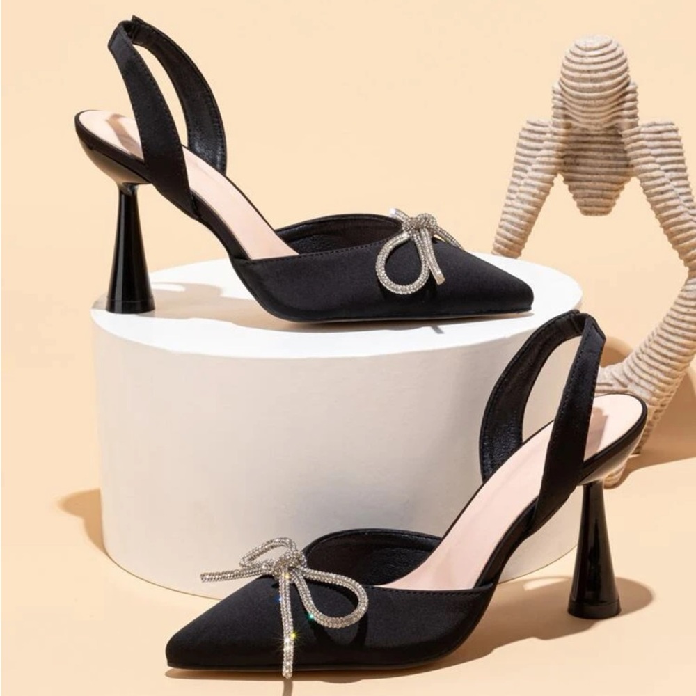 Black & silver Rhinestone Bow Decor Point Toe Sculptural Heeled Slingback Pumps